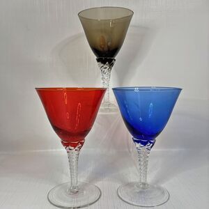 Twisted Stem Wine Cordial Glasses Set 3 Red Cobalt Taupe Cottage Core Vintage